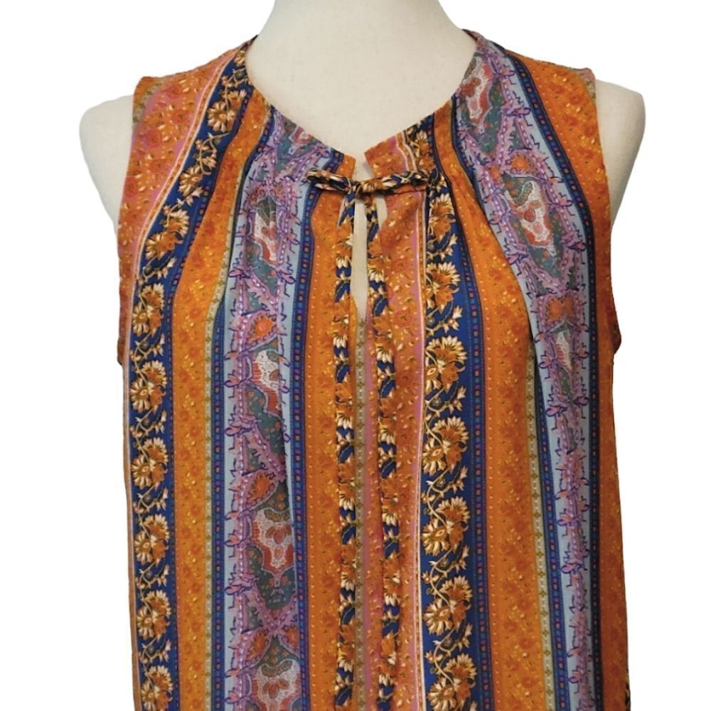 Cynthia Rowley Orange Patterned Tie Pleated Sleeveless Chiffon Blouse Size S - Picture 6 of 9